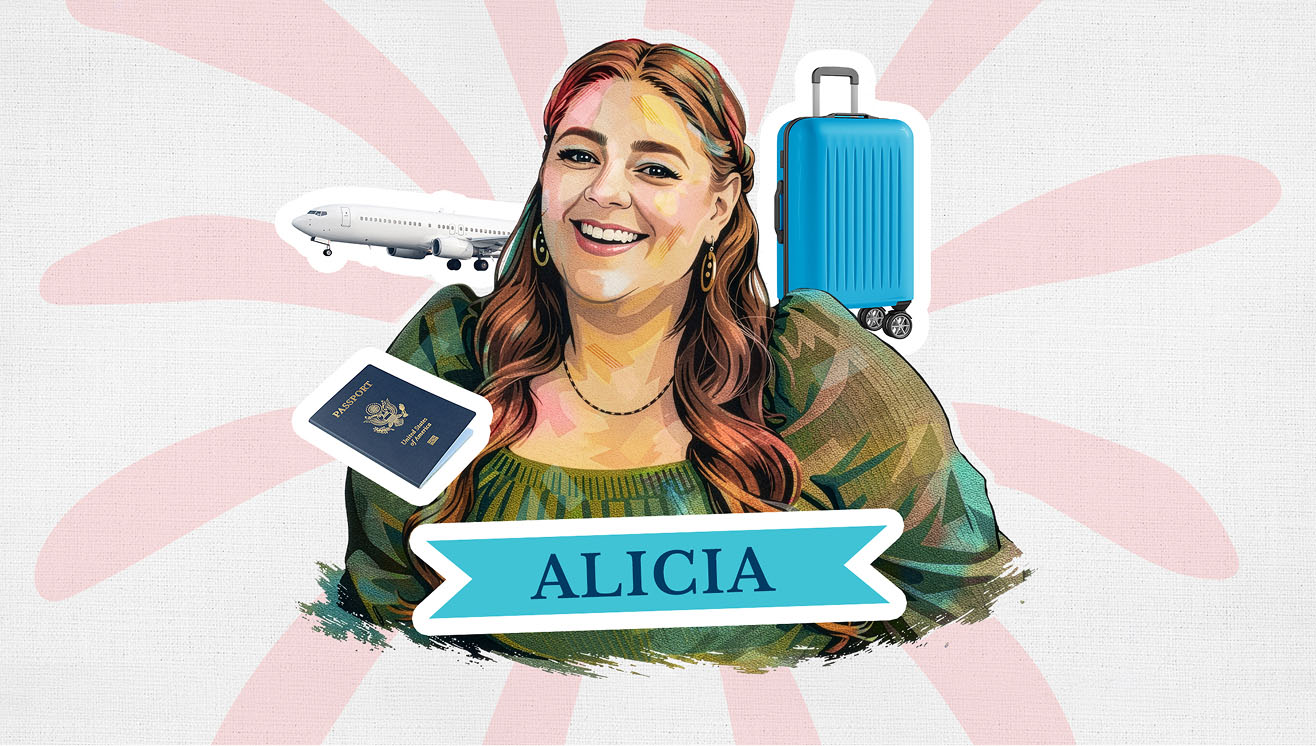 Alicia smiles with a passport, airplane and suitcase surrounding her