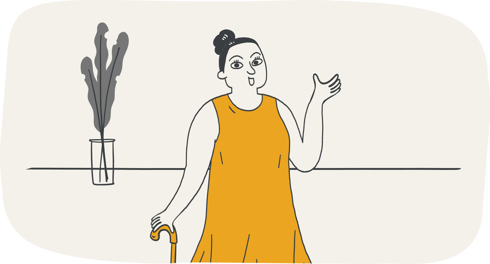 A smiling woman with a cane