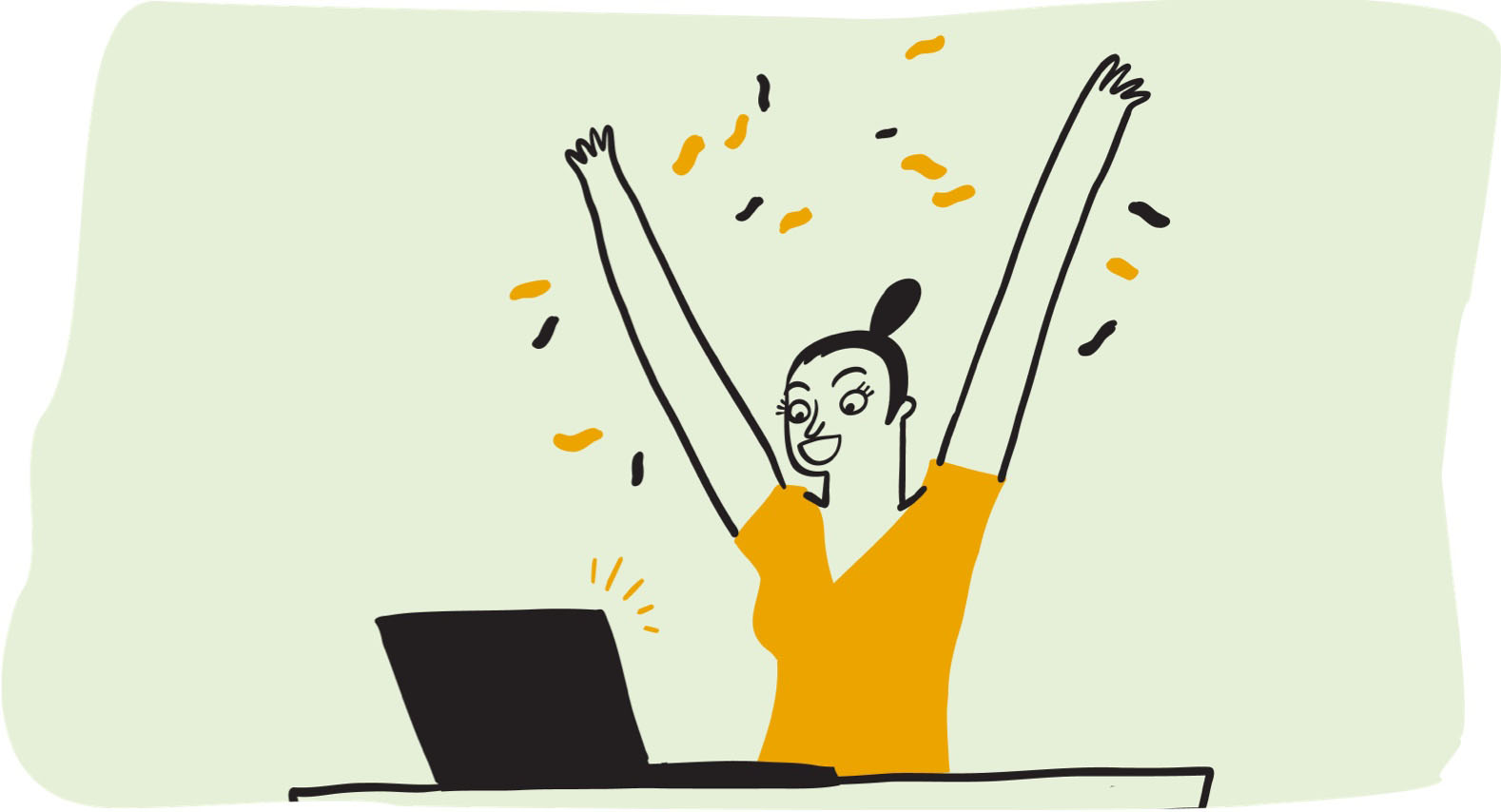 Illustration of woman cheering at computer