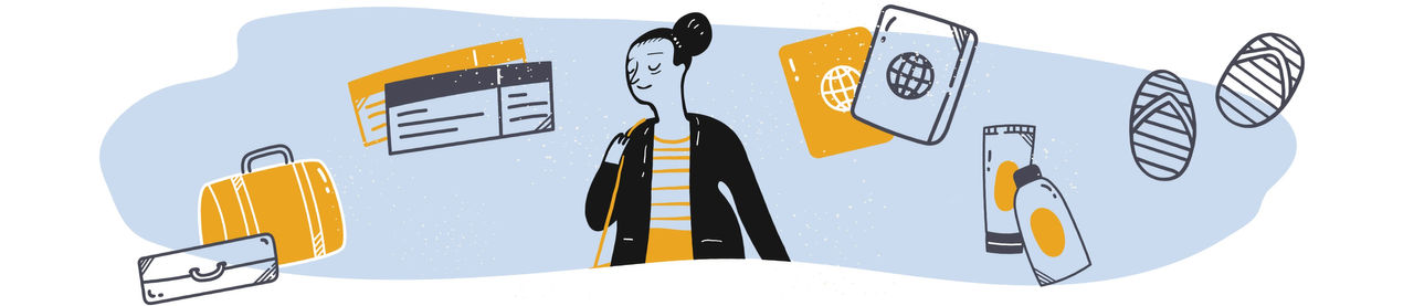 Illustration of woman with travel items around her
